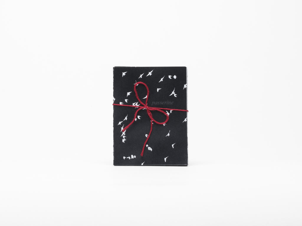 Printed paper folded like an accordion with an inverted white and black bird photo and red string bow on a white background