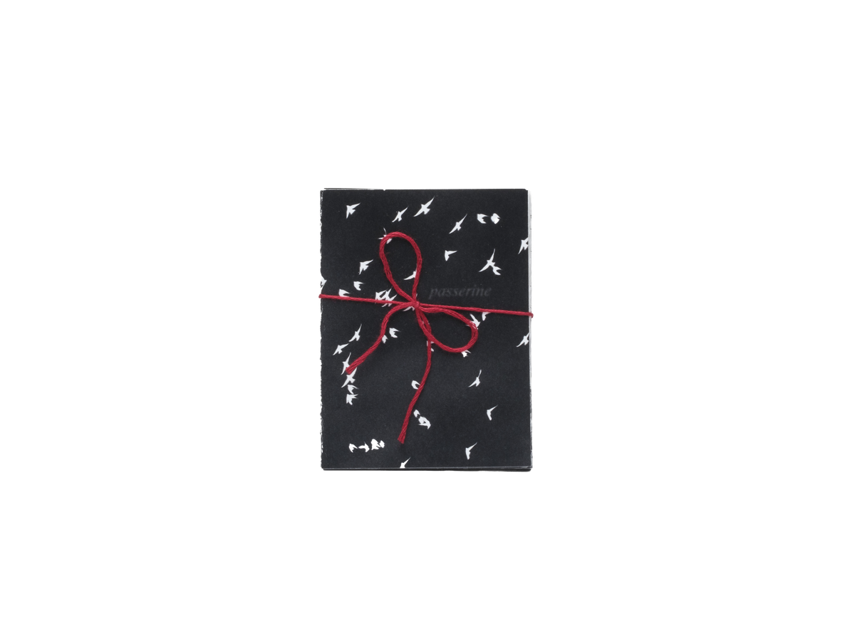 Printed paper folded like an accordion with an inverted white and black bird photo and red string bow on a white background